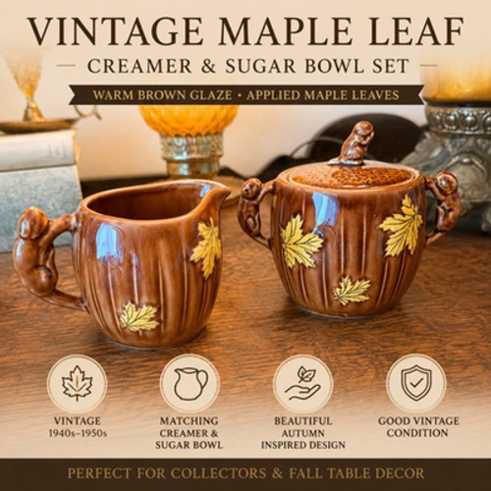 Vintage Brown Maple Leaf Ceramic Creamer & Sugar Set Squirrels Kenora Canada